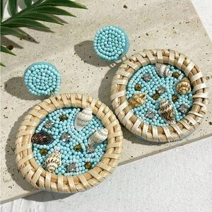 NWT Blue and Rattan Coastal Beaded Shell Earrings